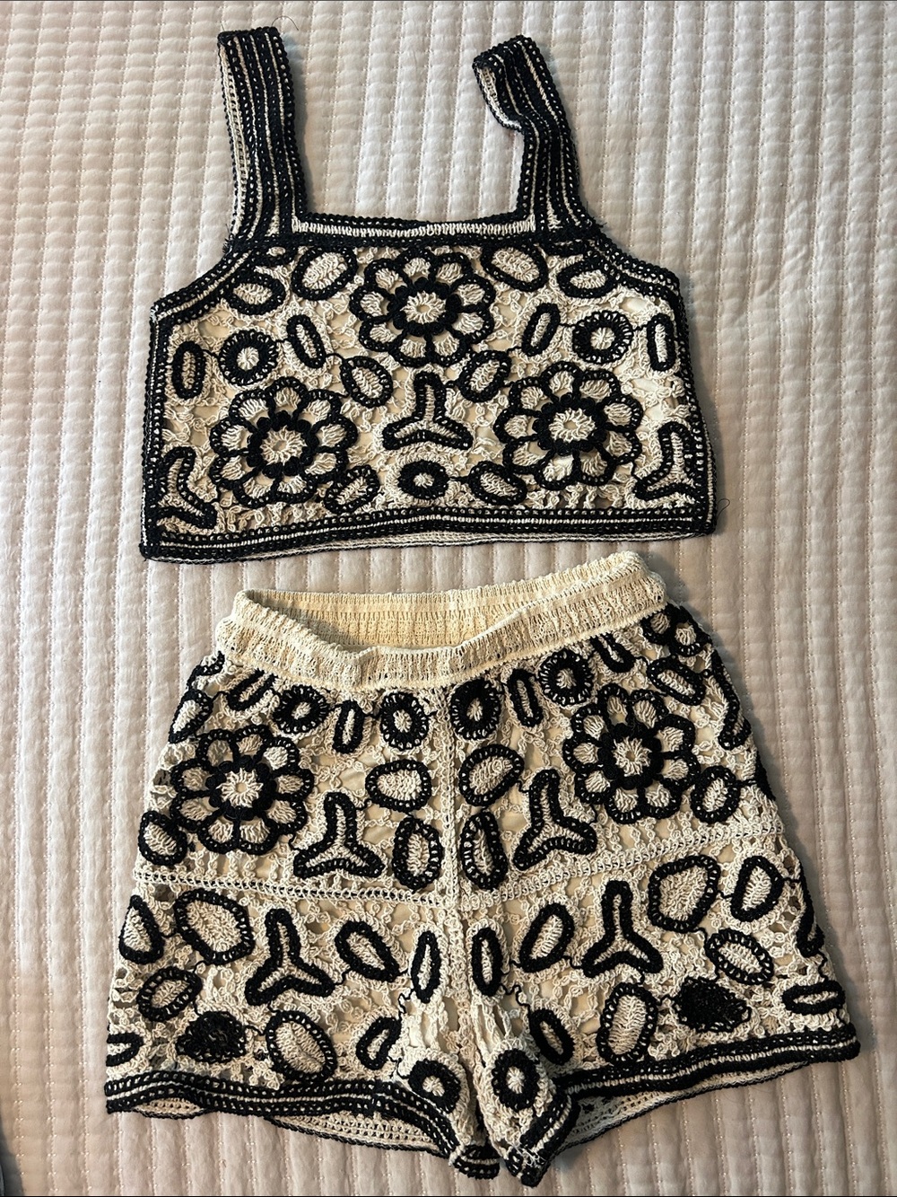 Rebellion Cream & Black Crochet Floral Kids Shorts